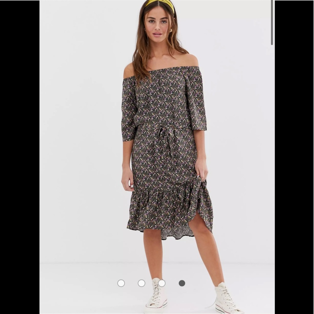 Floral tie waist bardot dress off the shoulder